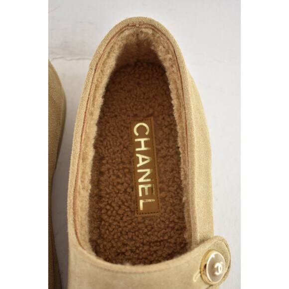 Chanel 25B Beige Suede Shearling Fur Mary Jane Moccasin Ballet Loafer Flat 38.5 - Picture 11 of 16